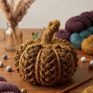 Puede incluir: Una calabaza de ganchillo de color marrón dorado con un patrón de puntos texturizados, un tallo grueso y una pequeña hoja de tela verde. La calabaza está hecha con hilo y muestra una forma redondeada detallada con crestas verticales.