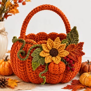 Op de afbeelding: Een ronde, oranje gehaakte mand in de vorm van een pompoen met een stevig handvat. De buitenkant is versierd met een grote gele zonnebloem, groene gehaakte bladeren, een kleine oranje pompoen en trossen rode bessen aan de zijkant.