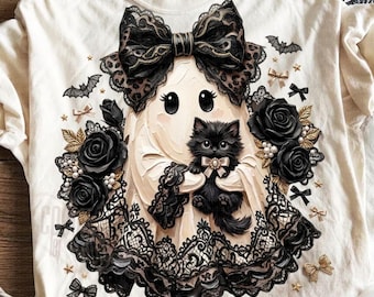 Preppy Ghost Coquette png, png Coquette Ghost Bow, herfst png-ontwerpen Girly, Halloween-spook png, schattige zwarte kat png, spookachtig Halloween png