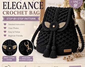 Haakpatroon voor een tas (PDF), handtaspatroon met verenstructuur, gehaakte portemonnee, tas met trekkoord, tas met kwastjes, boho schoudertas, direct te downloaden