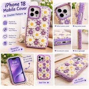 Könnte beinhalten: Eine gehäkelte violett-weiße Handyhülle für das iPhone 18 mit einem Blumenmuster und gelben Mitten. Die Hülle verfügt über Aussparungen für die Kamera, den Ladeanschluss und die Seitentasten sowie eine strukturierte, handgefertigte Garnoptik.