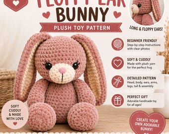 Konijntje met slappe oren, haakpatroon voor een konijn, amigurumi konijn, haakpatroon voor een konijn voor beginners, paashaasje, digitale pdf