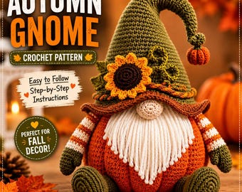 Wzór szydełkowy na jesiennego krasnala w formacie PDF, jesienne amigurumi krasnala, szydełkowe dekoracje z krasnalem, wzór na Halloween, instrukcje krok po kroku, natychmiastowe pobranie!