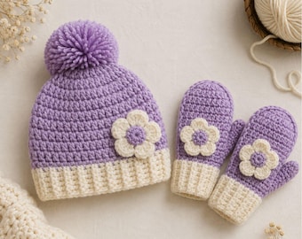 Haakpatroon voor muts en wanten (pdf), haakpatroon voor bloemenmuts, wintermuts en wantenset, muts met pompon, gezellige gehaakte accessoires (pdf)