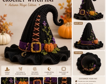 Haakpatroon voor een heksenhoed (PDF), Halloweenhoed haakpatroon, herfstheksenhoed, pompoen- en bloemenhoed, eenvoudig haakpatroon (PDF), direct te downloaden