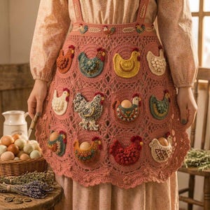 May include: A dusty rose crochet apron featuring a repeating pattern of circular motifs, each adorned with a three-dimensional chicken figure. Several of the chicken motifs are designed as small pockets, each holding a single brown chicken egg.