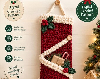 Haakpatroon voor een kerstwandzakje, feestelijke hangende organizer (PDF), kerstsokdecoratie, gehaakte kerstcadeauhouder, digitale download
