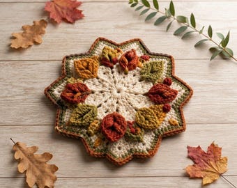 Haakpatroon voor een herfstonderzetter, bloemen- en sterrenonderzetter (PDF), haakpatroon voor herfstdecoratie, blad- en bloemenonderzetter, tafeldecoratie voor Thanksgiving.