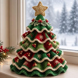 Puede incluir: Un adorno de árbol de Navidad de ganchillo con niveles y volantes alternos en verde y rojo. El árbol está rematado con una estrella dorada de ganchillo y decorado con pequeñas bayas rojas, cuentas doradas y detalles de estrellas blancas bordadas.