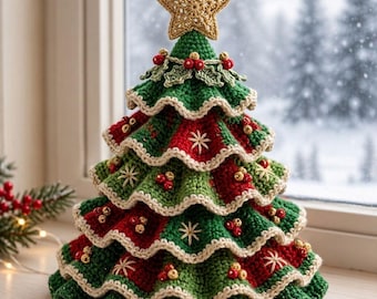 Wzór na choinkę w formacie PDF, ręcznie robiona ozdoba choinkowa z amigurumi, falbaniasta dekoracja stołu na święta, wzór na szydełkowanie dla początkujących, choinka DIY
