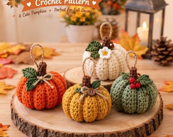 Haakpatroon voor een pompoenornament, 4 pompoenpatronen in PDF-formaat, herfstdecoratie haken, herfstornamentpatroon, haakpatroon voor beginners, Halloween