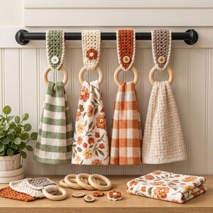 Peut inclure: Quatre essuie-mains suspendus avec des hauts crochetés et des anneaux en bois, présentés sur une tringle noire. Les serviettes présentent des rayures vertes, des motifs floraux, un vichy orange et une texture gaufrée beige, ornés de boutons.