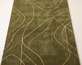 Olivgrön handtuftad ullmatta, modern abstrakt matta, 1,8x2,7 meter vardagsrumsmatta, sovrum