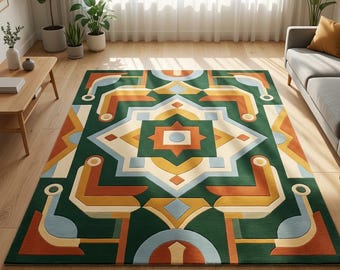 Handtuftad geometrisk ullmatta, modern grön matta, 2,4x3,6 meter lyxig abstrakt matta, handgjord vardagsrumsmatta,