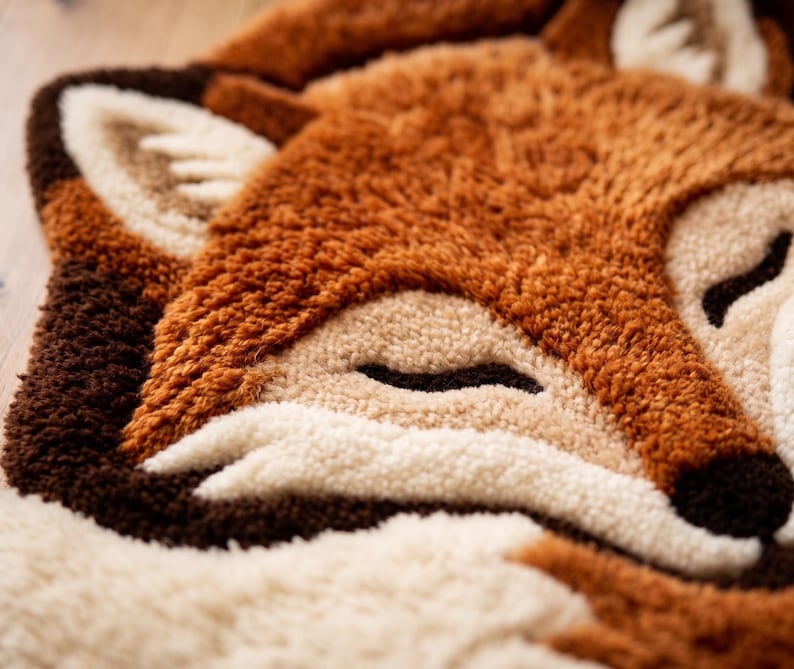 Close up hand tufted fox rug, ultra soft woodland animal carpet, fluffy orange fox area rug for nursery and kids room, cozy faux fur floor decor, cute handmade forest theme home accent