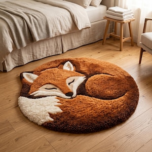 Hand tufted sleeping fox rug, cozy woodland nursery carpet, fluffy orange animal area rug for bedroom decor, soft faux fur kids room mat, cute forest themed home accent gift