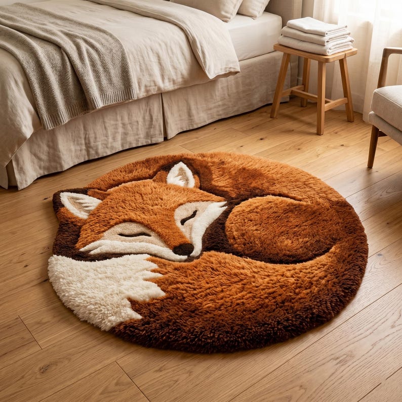 Hand tufted sleeping fox rug, cozy woodland nursery carpet, fluffy orange animal area rug for bedroom decor, soft faux fur kids room mat, cute forest themed home accent gift