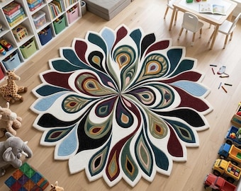 Handgjord rund ullmatta med påfågelfjäder och blommigt motiv – flerfärgad abstrakt mandala-matta. Mattor med mandaladesign. Unik statement-matta. Storlek: 5×5