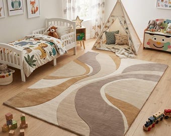 Alfombra abstracta para habitación infantil, alfombra de lana tejida a mano en color beige topo, alfombra neutra con diseño de ondas para guardería, alfombra moderna para sala de juegos.