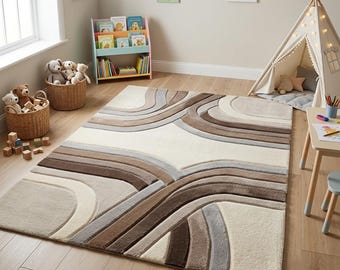 Modern handtuftad matta, neutral beige krämbrun matta, mjuk barnrumsmatta, sovrum 2,4x3 meter,