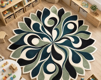 Hand Tufted Wool Floral Abstract Rug – Teal, Sage Green & Black Modern Designer Area Rug . Scandinavian design.One kind Statement rug.5×5.