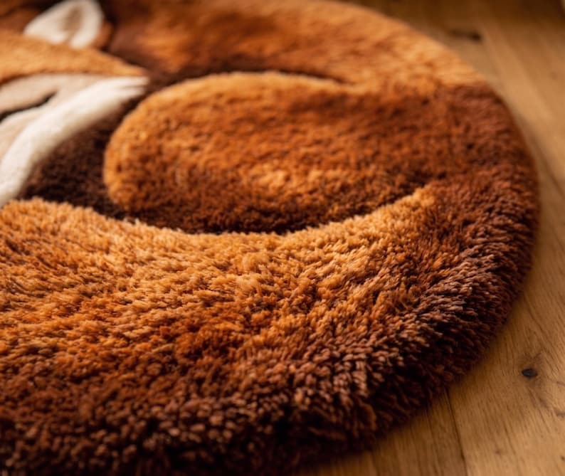 Plush hand tufted fox rug, thick fluffy animal area carpet for cozy bedroom decor, soft orange woodland floor mat, luxury faux fur nursery rug, cute forest inspired home accent for kids room