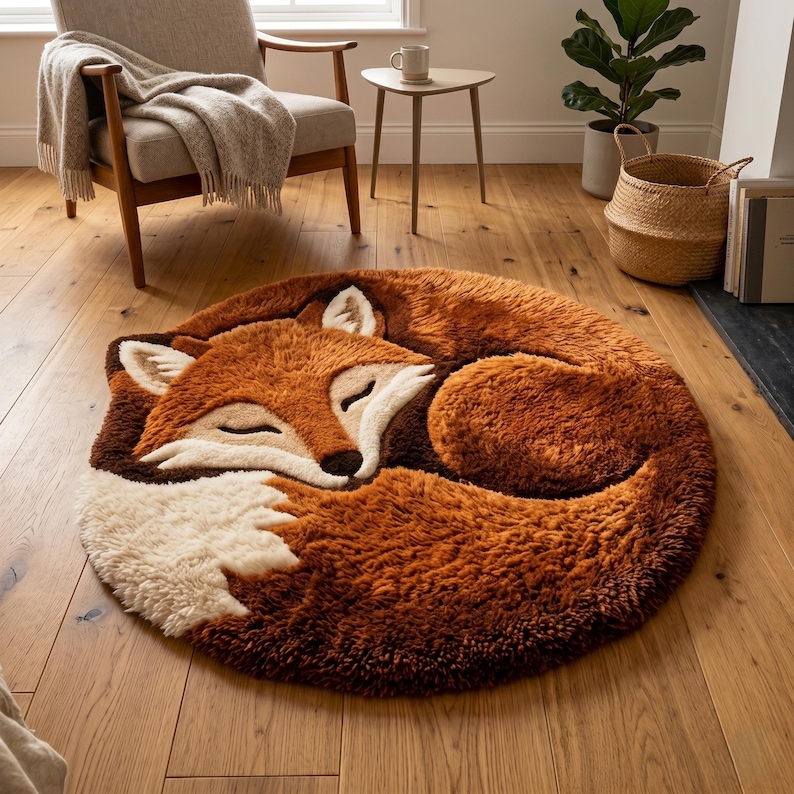 Handmade sleeping fox rug, cozy woodland animal area rug for living room and nursery, fluffy orange tufted carpet, soft faux fur floor decor, cute round fox rug for modern boho home styling