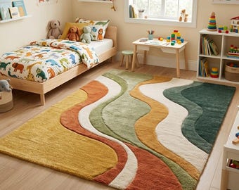 Alfombra colorida ondulada para habitación infantil, alfombra de lana tejida a mano, alfombra abstracta verde salvia mostaza óxido, alfombra para sala de juegos o guardería, estilo bohemio moderno