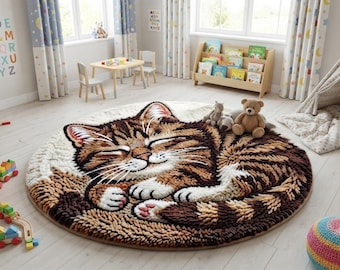 Hand tufted Sleeping Cat Round Wool Rug, Cute Kitten Kids Room Carpet, Cozy Nursery Decor, Hand Tufted Animal Area Rug.cute cat.Size .10×10