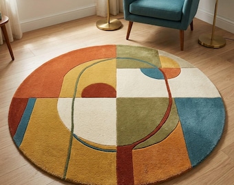 Round Hand Tufted Abstract Rug, Modern Geometric Area Rug, Scandinavian Wool Carpet, Mid Century Modern Rug, Contemporary Circle Rug Decor.