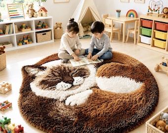 Hand tufted Sleeping Cat Round Wool Rug, Cute Kitten Kids Room Carpet, Cozy Nursery Decor, Hand Tufted Animal Area Rug.cute cat.Size .10×10