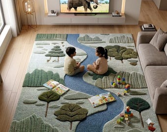 Handtuftad ullmatta med flodlandskap, barnrumsmatta, barnrumsmatta i natur, 3D-snidad ullmatta, modern lekrumsmatta, skogsflodmatta.