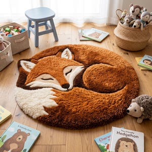 Fluffy fox nursery rug, hand tufted woodland animal carpet for kids playroom, soft orange fox floor mat, cozy baby room decor, cute round faux fur area rug for toddler bedroom gift