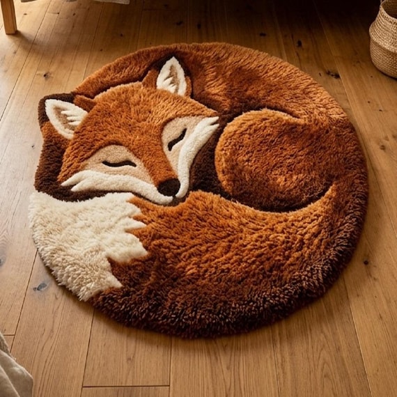 Hand Tufted Sleeping Fox Rug, Cozy Woodland Nursery Carpet, Cute Animal Area Rug, Plush Fox Floor Mat, Kids Room Decor, Soft Faux Fur Rug.