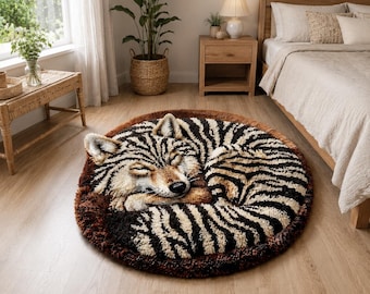 Hand Tufted Tiger Face Round Wool Rug – Cute Sleeping TigerWild Animal Art Rug, Luxury Safari Decor,Black & Cream Tiger Area Rug.Size.10×10