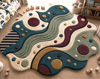 Cosmic Drift: Abstrakt High-Low ullmatta. Handtuftad ullmatta med organiskt flöde. Cellscape-kollektionen. Oregelbunden ekologisk matta. Ull med textur.