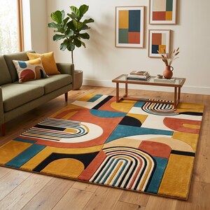 Könnte beinhalten: Ein farbenfroher geometrischer Teppich im Mid-Century-Modern-Design. Der Teppich weist ein Muster aus orangefarbenen, gelben, türkisfarbenen, schwarzen und weißen Formen auf. Der Teppich befindet sich in einem Wohnzimmer mit einem grünen Sofa, gerahmten Kunstwerken und einem Couchtisch.