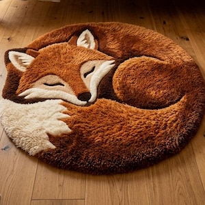Cute fox shaped tufted rug, fluffy woodland animal carpet for nursery and bedroom, soft orange faux fur area rug, cozy kids room floor mat, handmade forest decor gift for modern home interiors