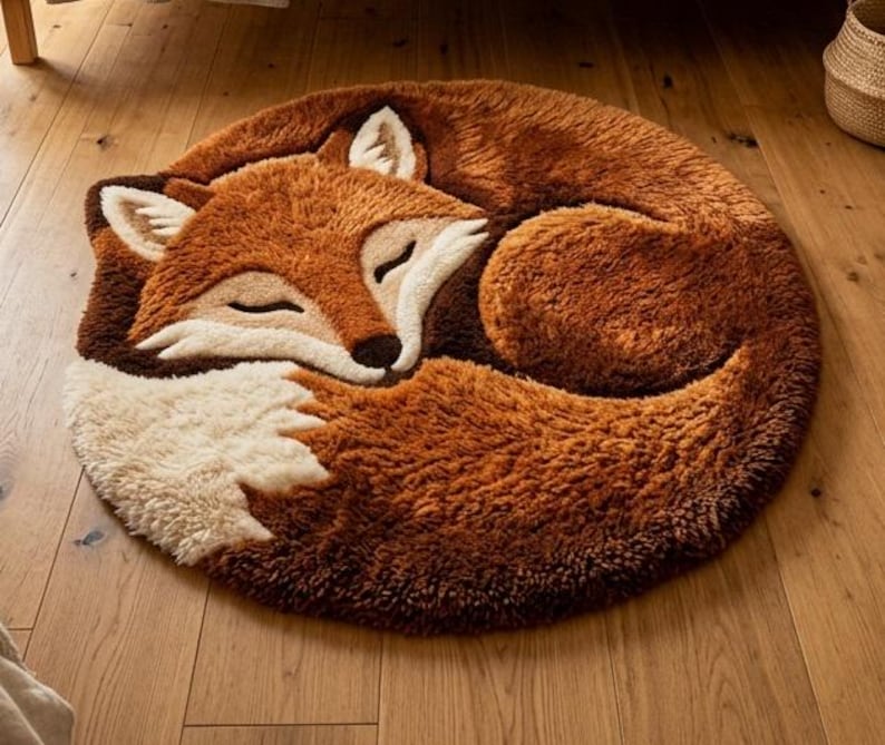 Cute fox shaped tufted rug, fluffy woodland animal carpet for nursery and bedroom, soft orange faux fur area rug, cozy kids room floor mat, handmade forest decor gift for modern home interiors