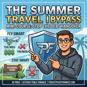 May include: A digital graphic titled THE SUMMER TRAVEL BYPASS MINI-COURSE: STOP THE DEBT HANGOVER. It features a cartoon character pointing at a shield logo with PF, icons for flying, a national park sign, a tent, and a hotel with a red X.