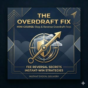 May include: A navy blue square graphic with gold detailing. The text reads "THE OVERDRAFT FIX" and "MINI-COURSE: Stop & Reverse Overdraft Fees." A gold compass design with an arrow and shield is in the centre. Additional text includes "FEE REVERSAL SECRETS" and "INSTANT-WIN STRATEGIES."