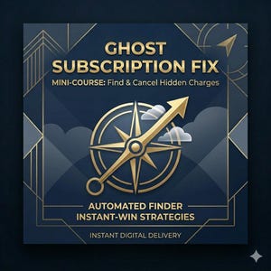 May include: Square graphic with a navy blue background and gold accents. The text reads "GHOST SUBSCRIPTION FIX" and "MINI-COURSE: Find & Cancel Hidden Charges." A gold compass with an arrow and clouds is in the center.