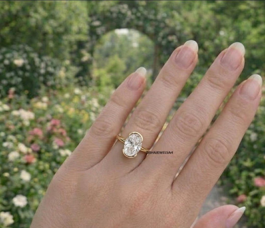 Oval Cut Moissanite Half Bezel Set Engagement Ring, 14k Gold Oval ...