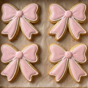Puede incluir: Cuatro galletas en forma de lazo con glaseado rosa y contornos blancos están dispuestas en una caja. Las galletas tienen una base marrón claro y están decoradas con un diseño de lazo. La caja es de color marrón claro.