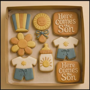 Biscuits pour baby shower Here Comes the Son – Biscuits au sucre décorés sur le thème du soleil – Cadeaux bébé garçon