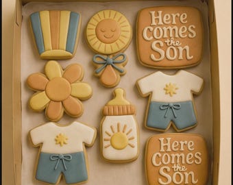 Galletas para baby shower "Here Comes the Son" – Galletas de azúcar decoradas con temática de sol – Recuerdos para bebé niño