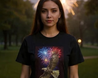 Black July 4th, American Eagle, Fireworks, medium t-shirt.