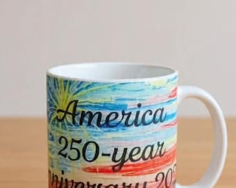 America 250-Year Anniversary Ceramic Mug | Patriotic Flag Fireworks 15oz