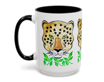 Black Accent Mug,15oz Leopard Heart Print