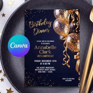 Elegant Birthday Dinner Party Invitation, Luxury Black & Gold Invite, Any Age Navy Blue Bday, Milestone Printable Mobile Canva Template P17